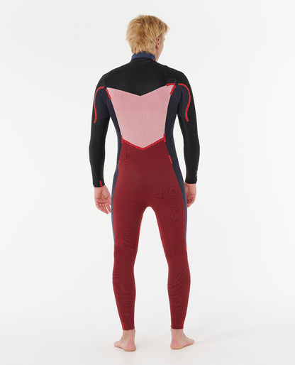 Vue arrière de la combinaison Rip Curl, grand panneau dorsal chaud encadré de noir et jambes bordeaux