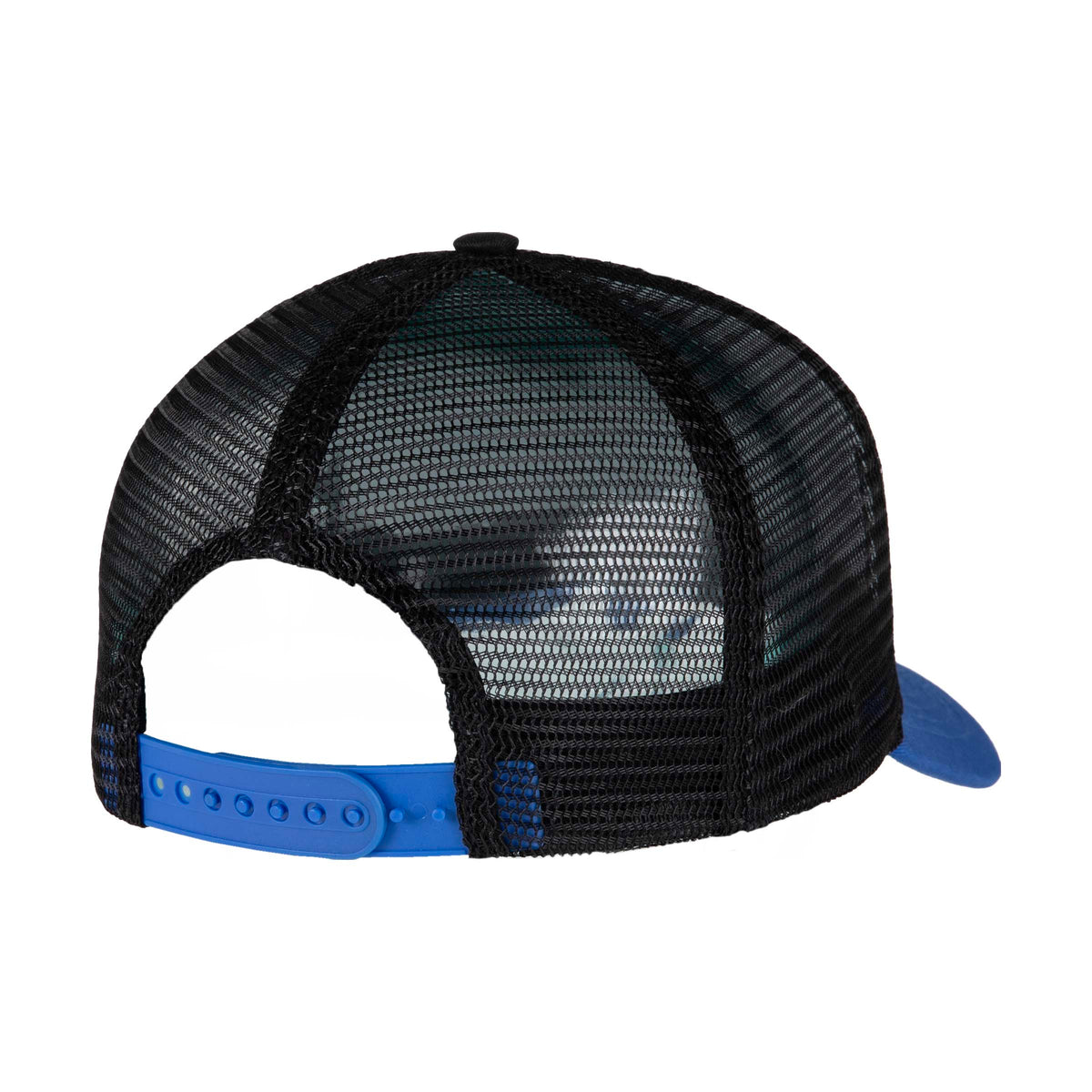 Arrière de la casquette trucker, panneaux en mesh noir, fermeture réglable et bande bleue contrastante