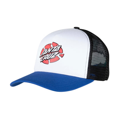 Casquette skate Santa Cruz Broken Dot White Sapphire, visière bleue et écusson graphique rouge, noir et blanc sur le panneau avant