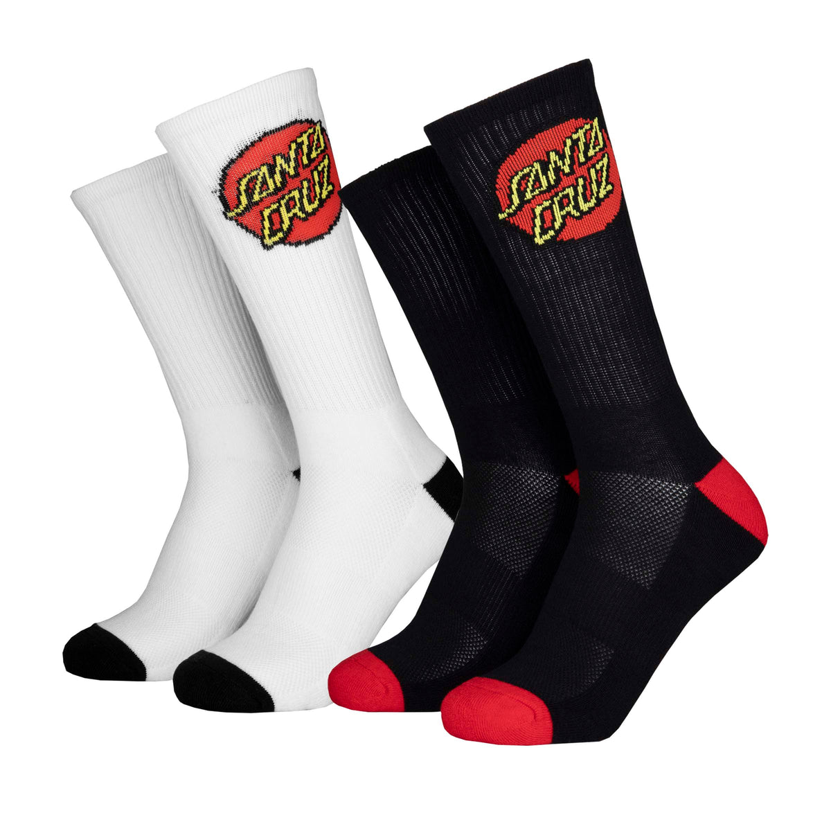 Lot de chaussettes skatewear Santa Cruz Classic Dot blanches et noires, logo rond multicolore et renforts contrastés aux pieds