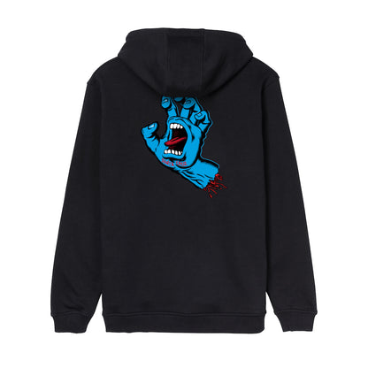 Dos du hoodie Santa Cruz Screaming Hand Chest noir, avec grande main hurlante bleue et détails rouges centrés au dos