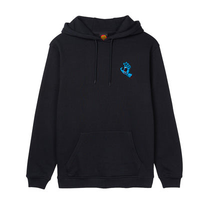 Sweat à capuche surfwear noir vu de face, petit emblème Screaming Hand bleu placé sur la poitrine côté cœur
