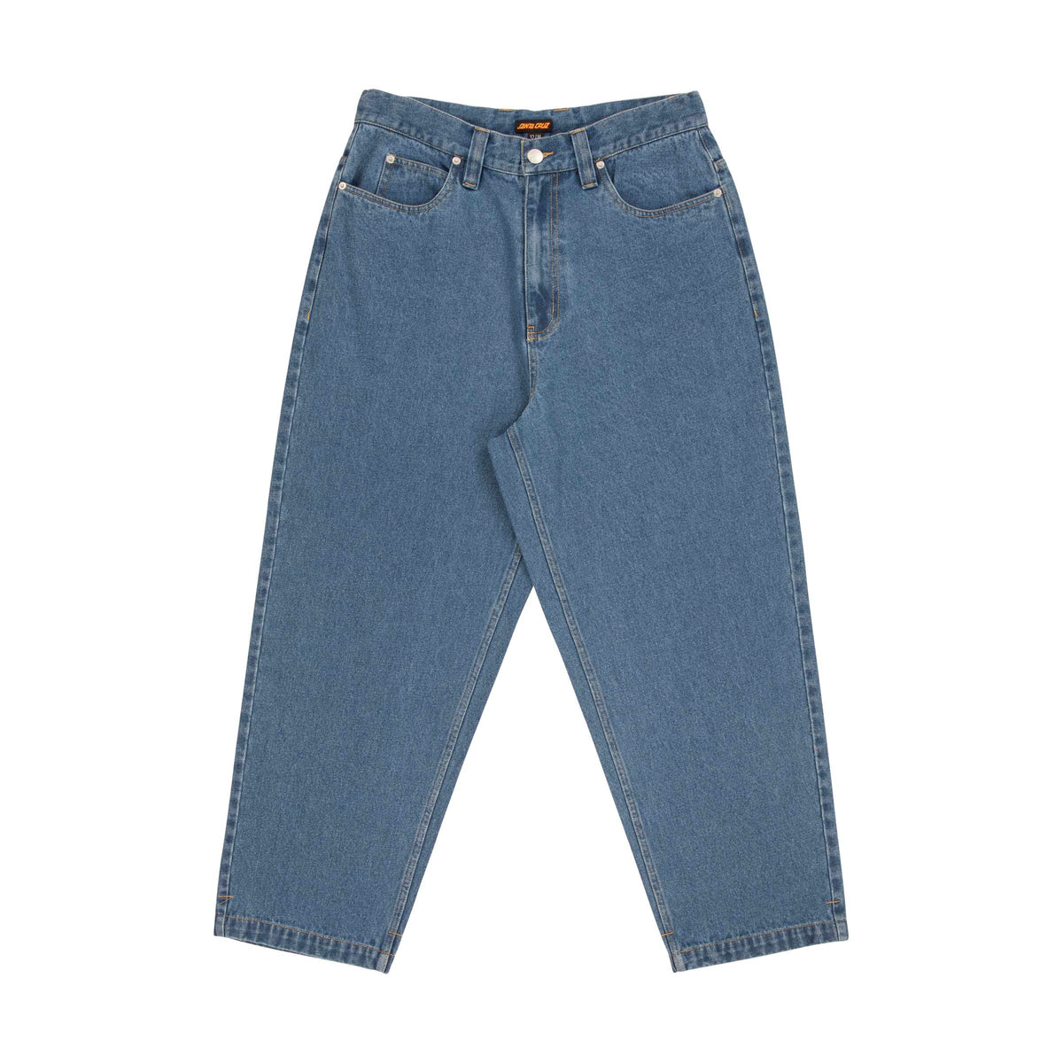 Jean skate homme Santa Cruz Big Pants bleu moyen vu de face, coupe ample à jambes droites avec poches avant et surpiqûres contrastées