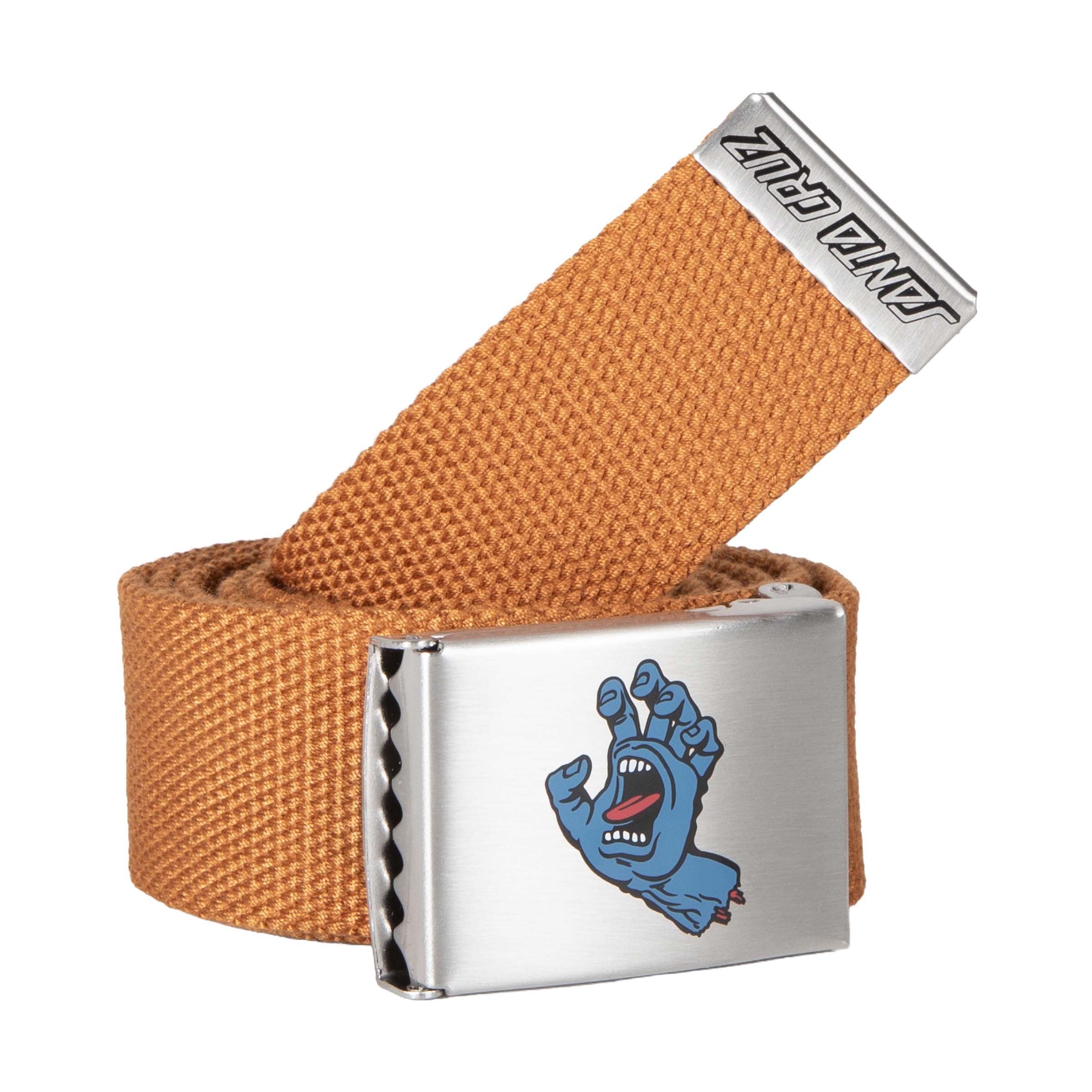 ceinture marron tissu ajustable avec boucle métal et screaming hand santa cruz
