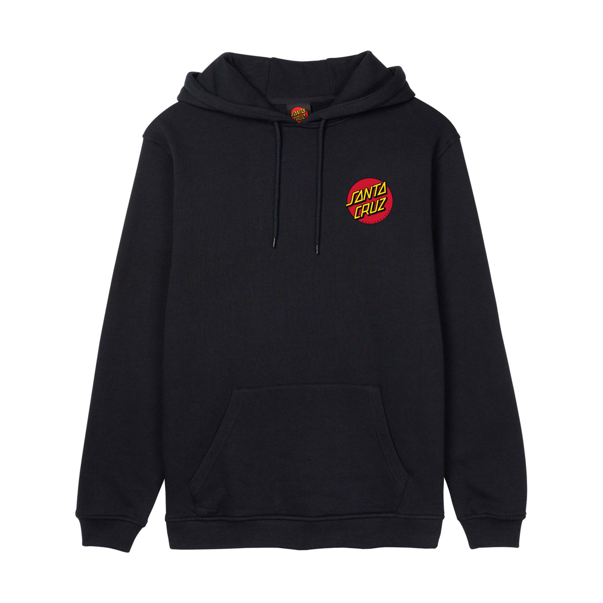 Sweat à capuche skate Santa Cruz Classic Dot Chest noir vu de face, petit logo rond rouge, jaune et vert sur la poitrine