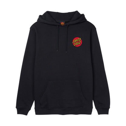 Sweat à capuche skate Santa Cruz Classic Dot Chest noir vu de face, petit logo rond rouge, jaune et vert sur la poitrine