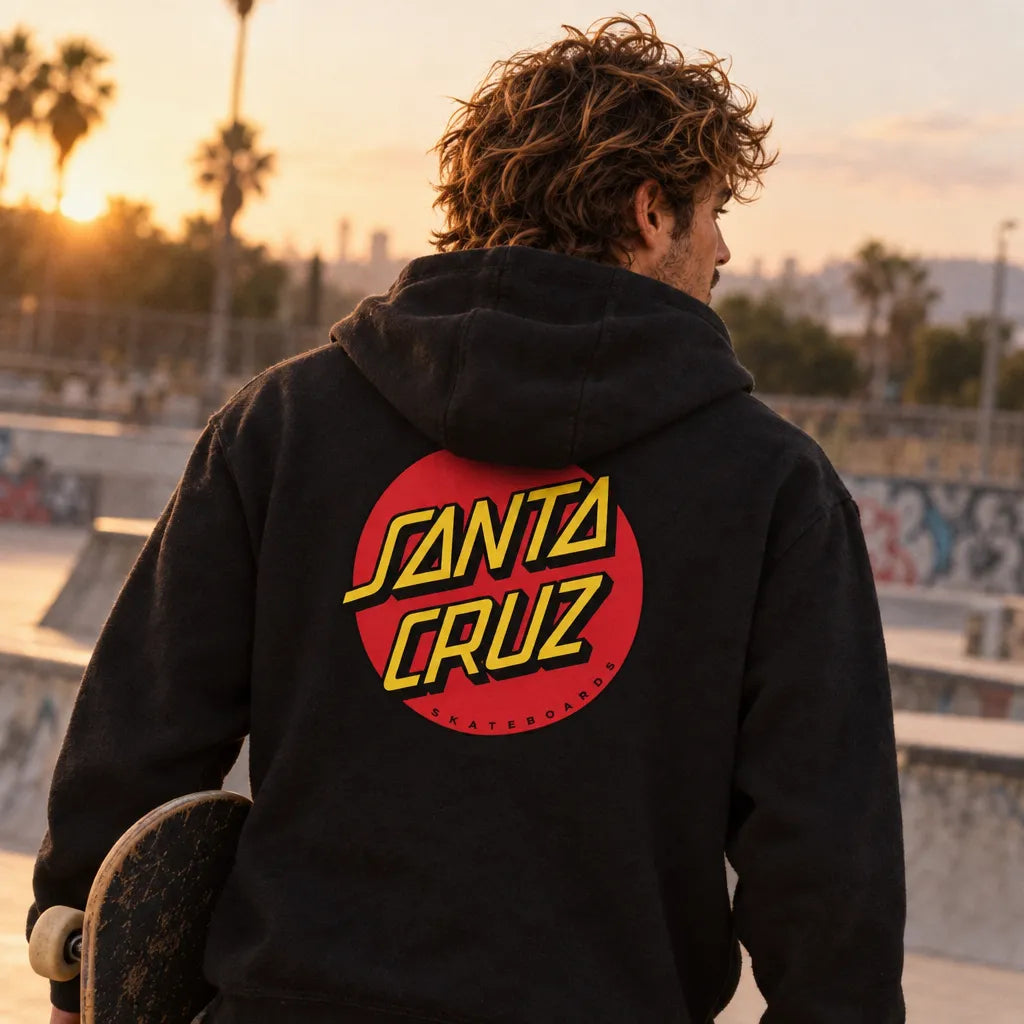 Skateur homme portant le sweat à capuche Santa Cruz Classic Dot noir au skatepark vu de dos avec logo rouge et jaune dans le dos