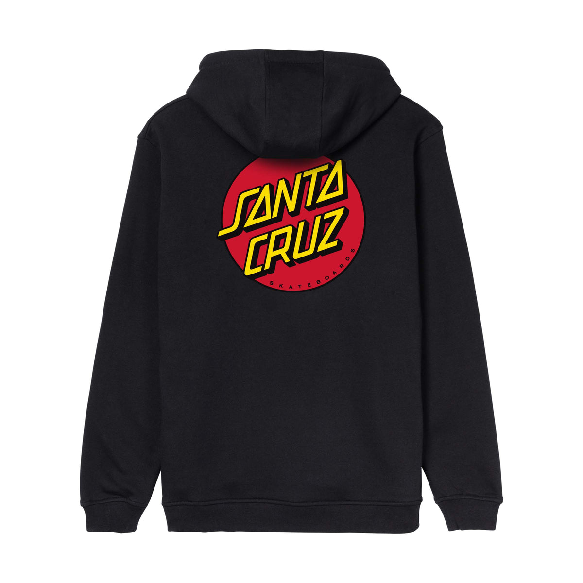 Dos du hoodie noir Santa Cruz, avec grand emblème Classic Dot multicolore centré dans le haut du dos