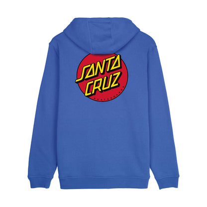 Dos du hoodie Santa Cruz Sapphire, large logo Classic Dot contrasté avec lettrage jaune sur fond rouge