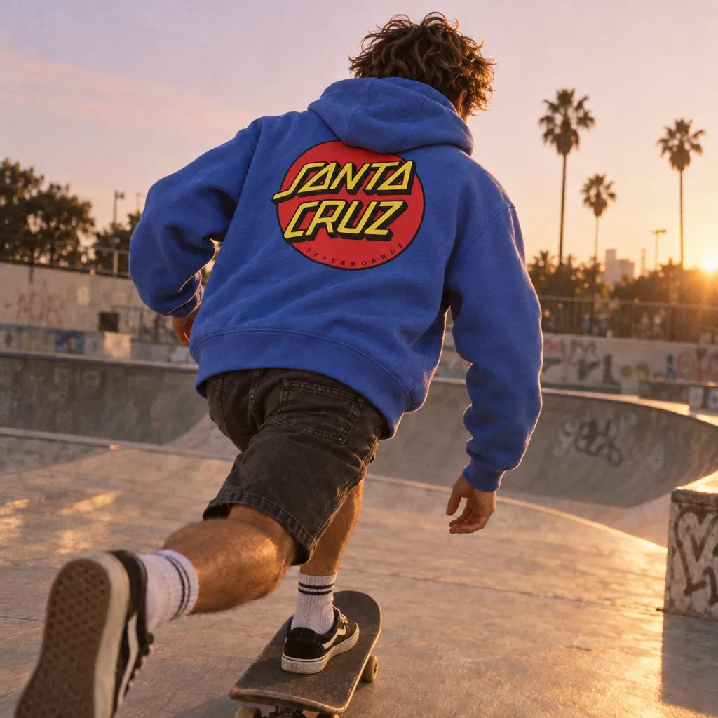 Skateur portant le hoodie Santa Cruz Classic Dot Sapphire au coucher du soleil dans un skatepark, vue de dos