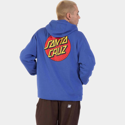 Hoodie Santa Cruz Classic Dot Chest Sapphire porté de dos, grand logo rouge, jaune et vert centré dans le haut du dos