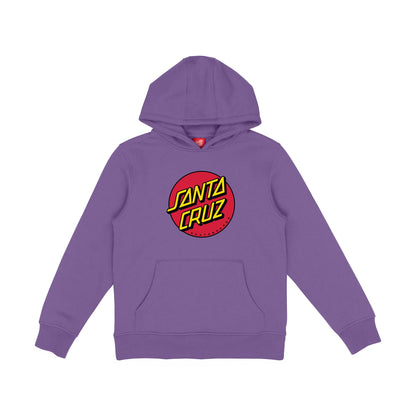 Dos du hoodie violet Classic Dot, avec large emblème Santa Cruz rouge et jaune placé sous la capuche