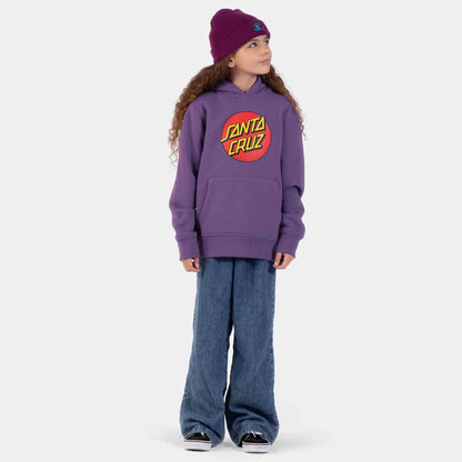 Sweat enfant skate Santa Cruz porté en pied, coupe droite, poche kangourou et coloris violet Fresh Purple