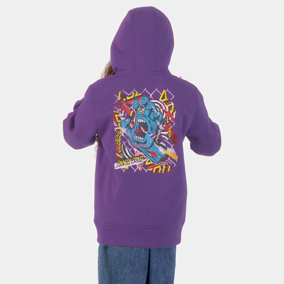 Porté de dos, hoodie enfant Santa Cruz Damaged Hand Fresh Purple avec screaming hand multicolore centrée sous la capuche