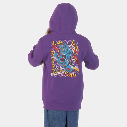 Porté de dos, hoodie enfant Santa Cruz Damaged Hand Fresh Purple avec screaming hand multicolore centrée sous la capuche