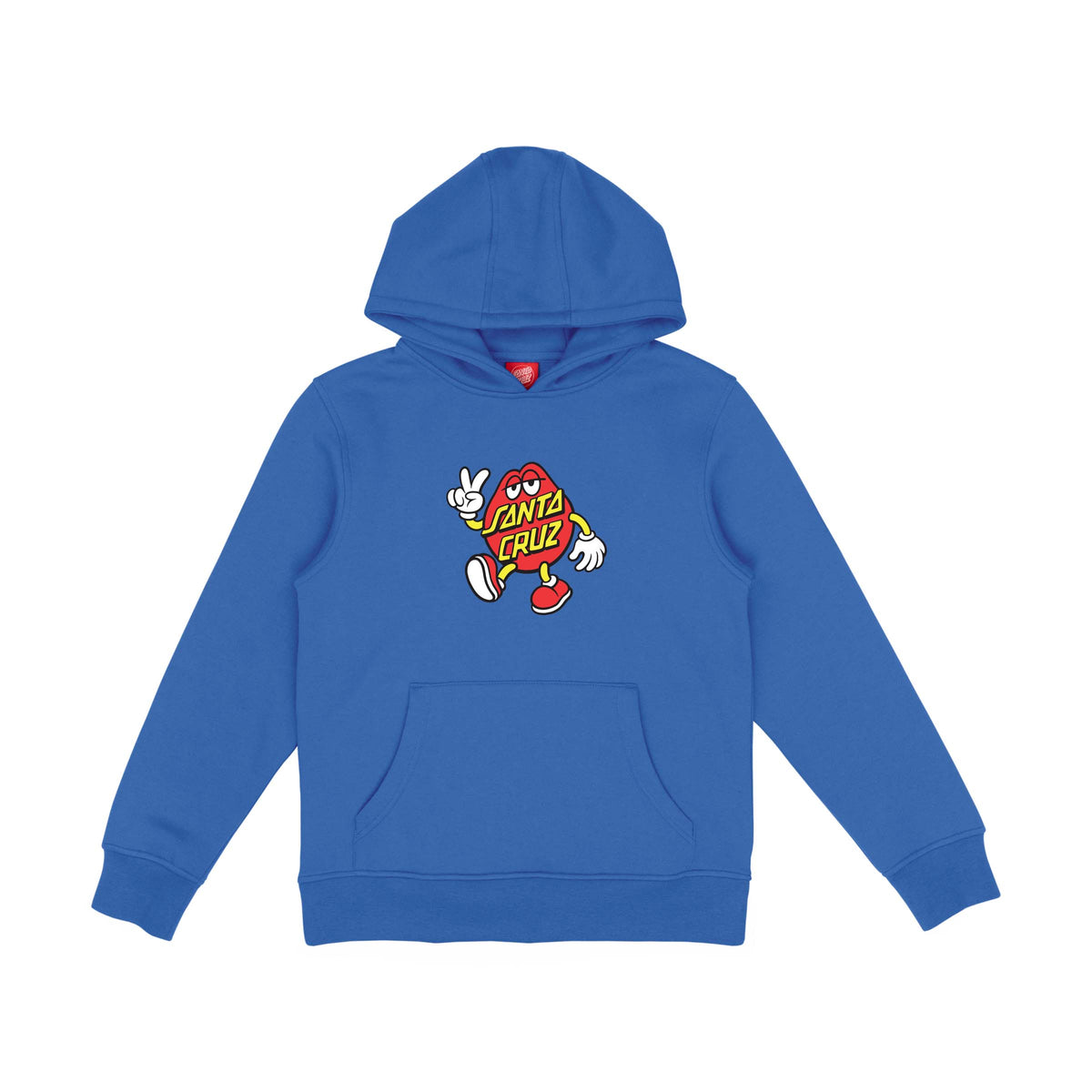 Sweat à capuche enfant Santa Cruz Dot Guy Til The End bleu vu de face, avec personnage illustré et logo multicolore au centre