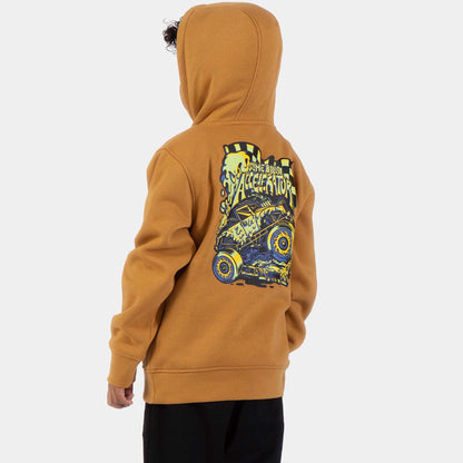 Sweat enfant Santa Cruz Slime Balls Accelerator Mustard porté de dos, avec grand monster truck vert, jaune et bleu dans le haut du dos