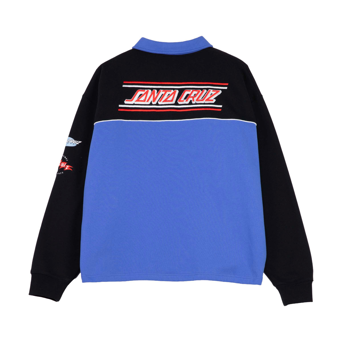 Dos du sweat Podium 1/4 Zip Crew, construction bicolore noire et bleue avec logo horizontal rouge et blanc sous les épaules