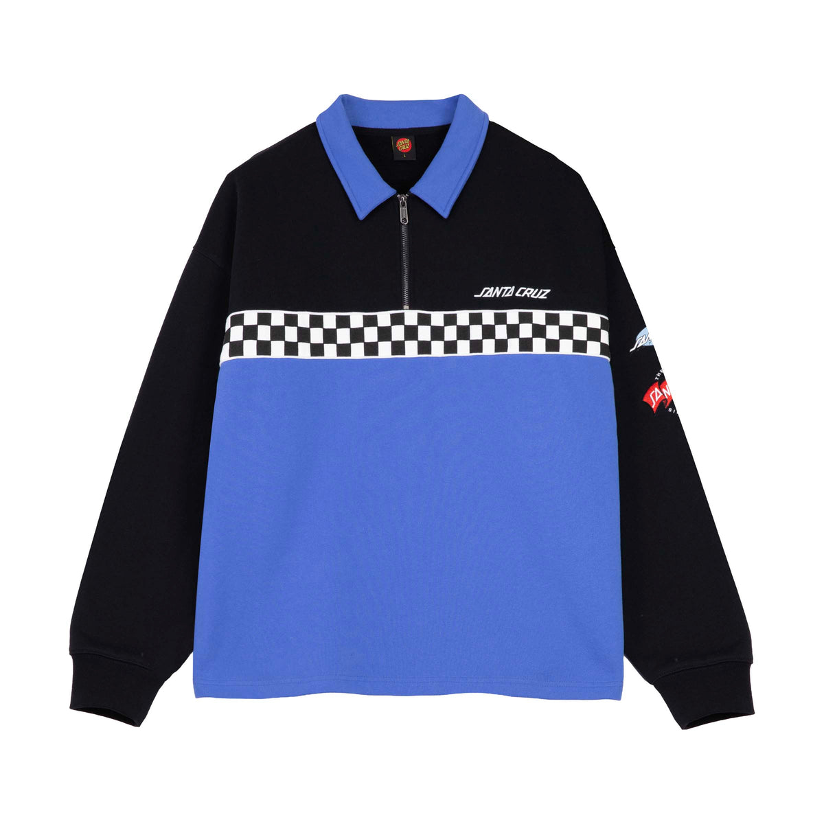 Face du modèle Black/Sapphire, col quart zippé, bande à damier sur la poitrine et color block noir et bleu