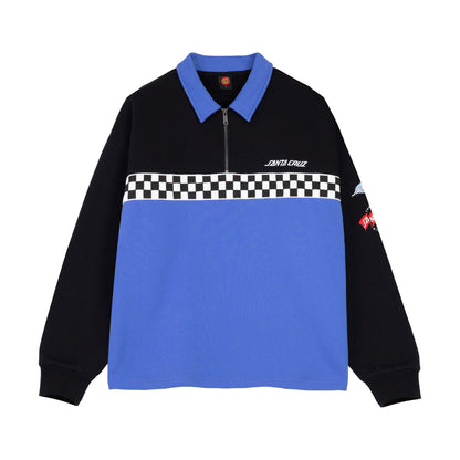 Face du modèle Black/Sapphire, col quart zippé, bande à damier sur la poitrine et color block noir et bleu
