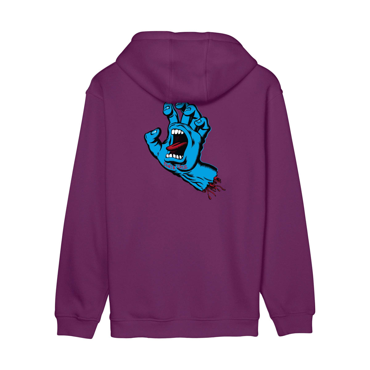 Dos du hoodie Santa Cruz Screaming Hand Chest Fresh Purple, avec grande main hurlante bleue centrée sous la capuche