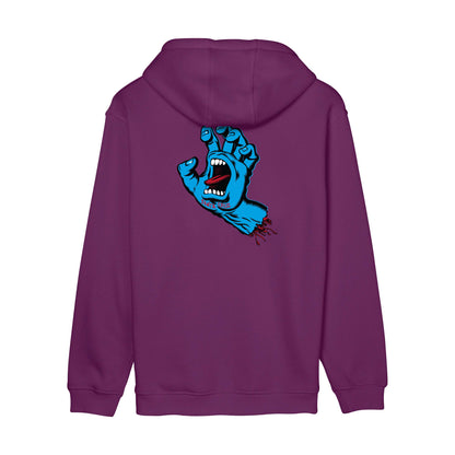 Dos du hoodie Santa Cruz Screaming Hand Chest Fresh Purple, avec grande main hurlante bleue centrée sous la capuche