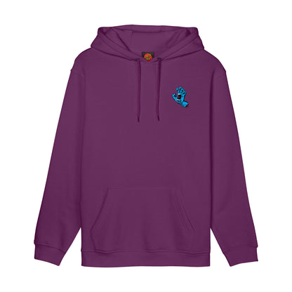 Face du sweat à capuche violet, avec petit emblème Screaming Hand bleu placé sur la poitrine côté cœur