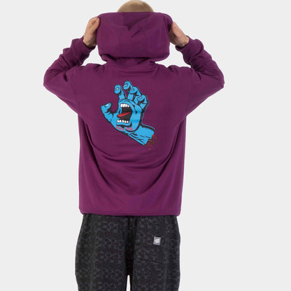 Sweat Screaming Hand porté de dos, avec grand graphisme bleu visible sous la capuche relevée par le mannequin