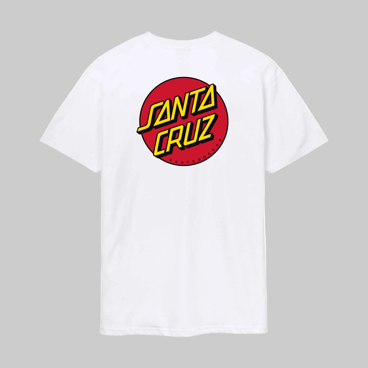 Dos du t-shirt Santa Cruz Classic Dot Chest blanc, avec grand logo rond rouge, jaune et vert centré dans le haut du dos