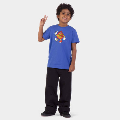 Tee-shirt enfant bleu porté en pied de face, montrant la coupe droite et le grand visuel central Dot Guy