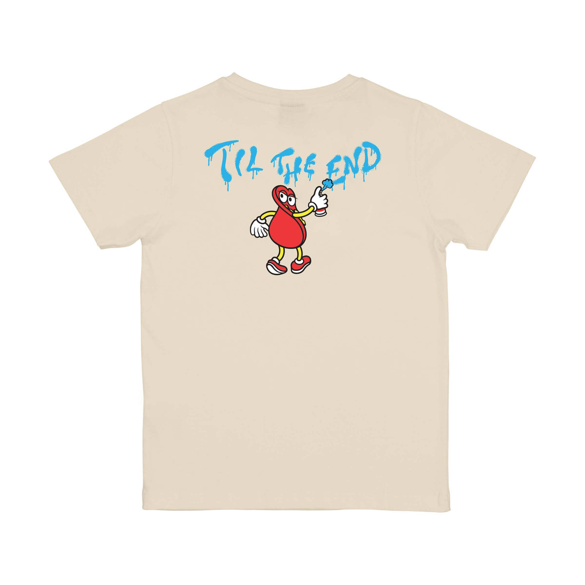 Dos du tee-shirt skate beige clair, avec lettrage bleu en arc et petit personnage rouge et noir dans le haut du dos faisant un tag