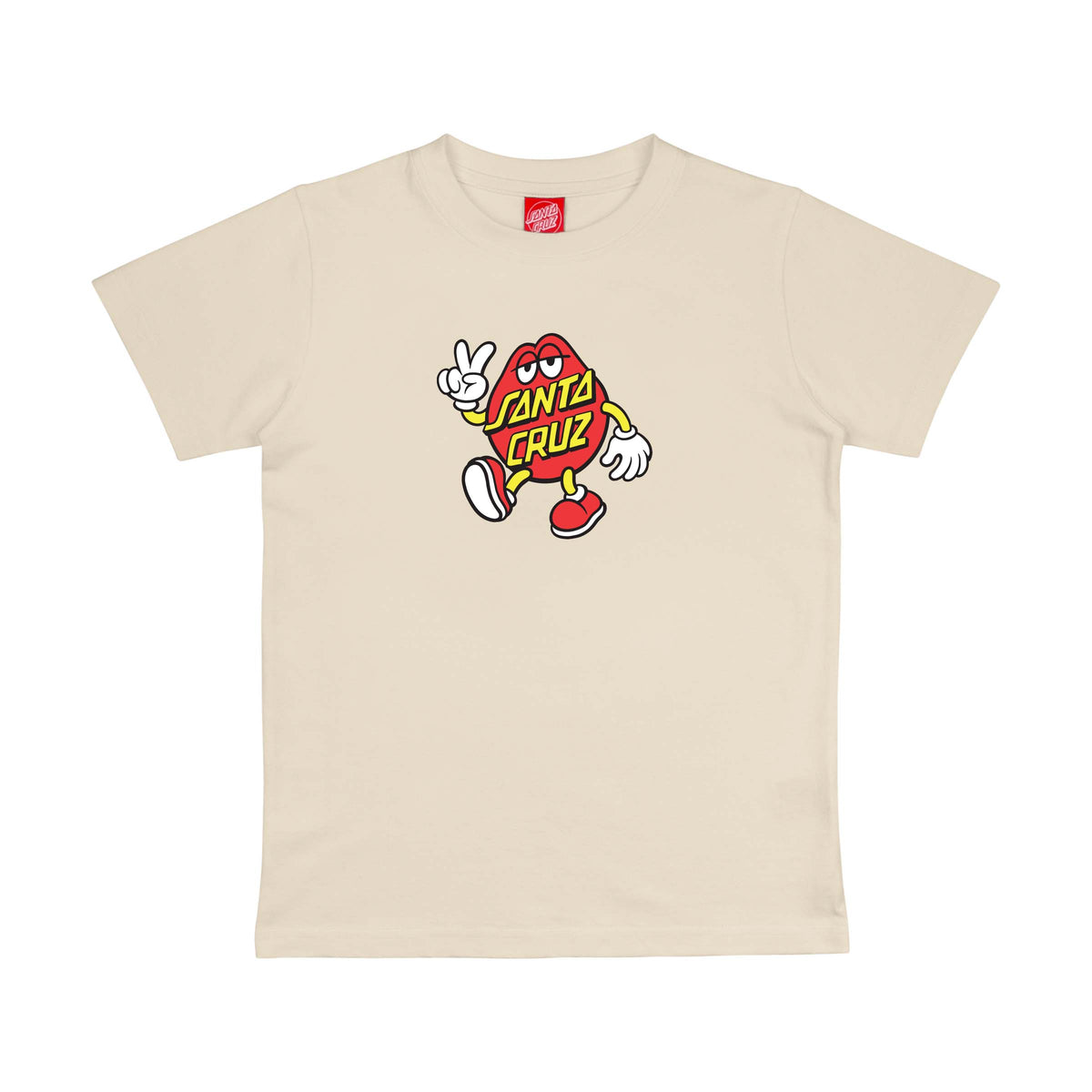Face du t-shirt enfant Santa Cruz Dot Guy Wax Paper, avec personnage illustré autour du logo multicolore au centre