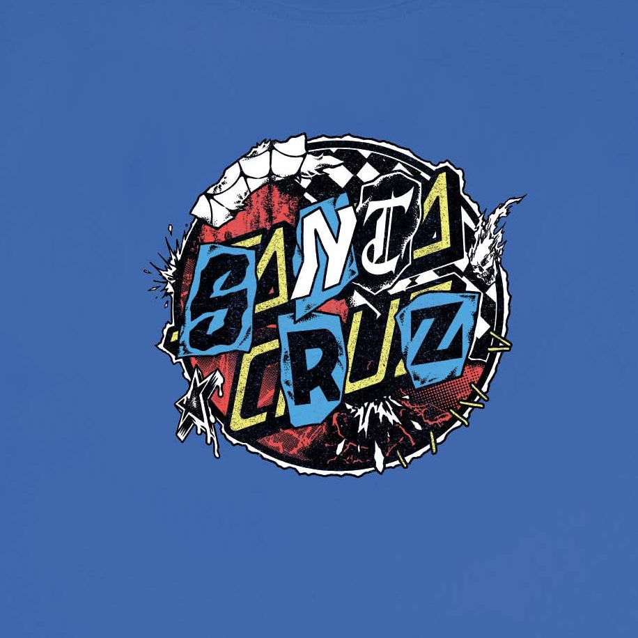 Détail du logo Pay Off Dot, composition ronde mêlant lettrage Santa Cruz, noir, blanc, bleu, orange et jaune