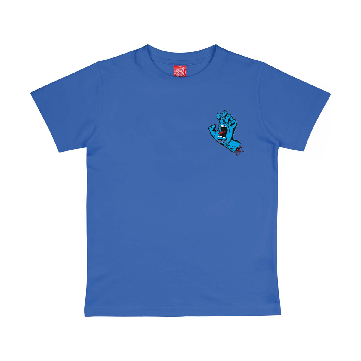 Face du tee-shirt skate bleu Sapphire, avec petit emblème Screaming Hand placé sur la poitrine côté cœur