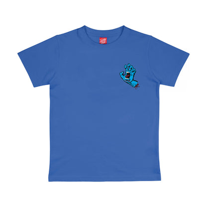 Face du tee-shirt skate bleu Sapphire, avec petit emblème Screaming Hand placé sur la poitrine côté cœur