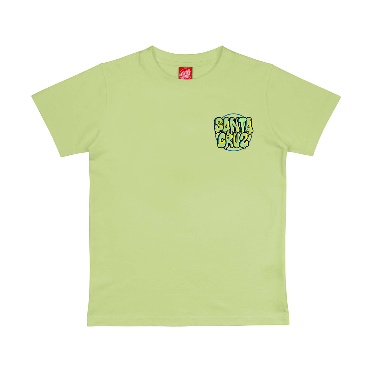 Face du tee-shirt skate vert clair, avec petit emblème Slime Balls Accelerator placé sur la poitrine côté cœur