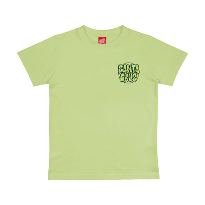Face du tee-shirt skate vert clair, avec petit emblème Slime Balls Accelerator placé sur la poitrine côté cœur