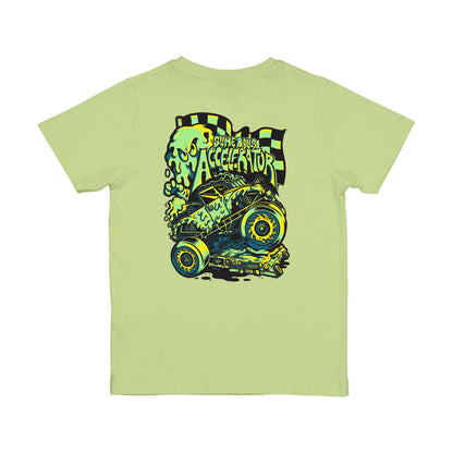 Dos du t-shirt enfant Santa Cruz Slime Balls Accelerator Green Glow, monster truck, bleu et jaune avec damier et lettrage