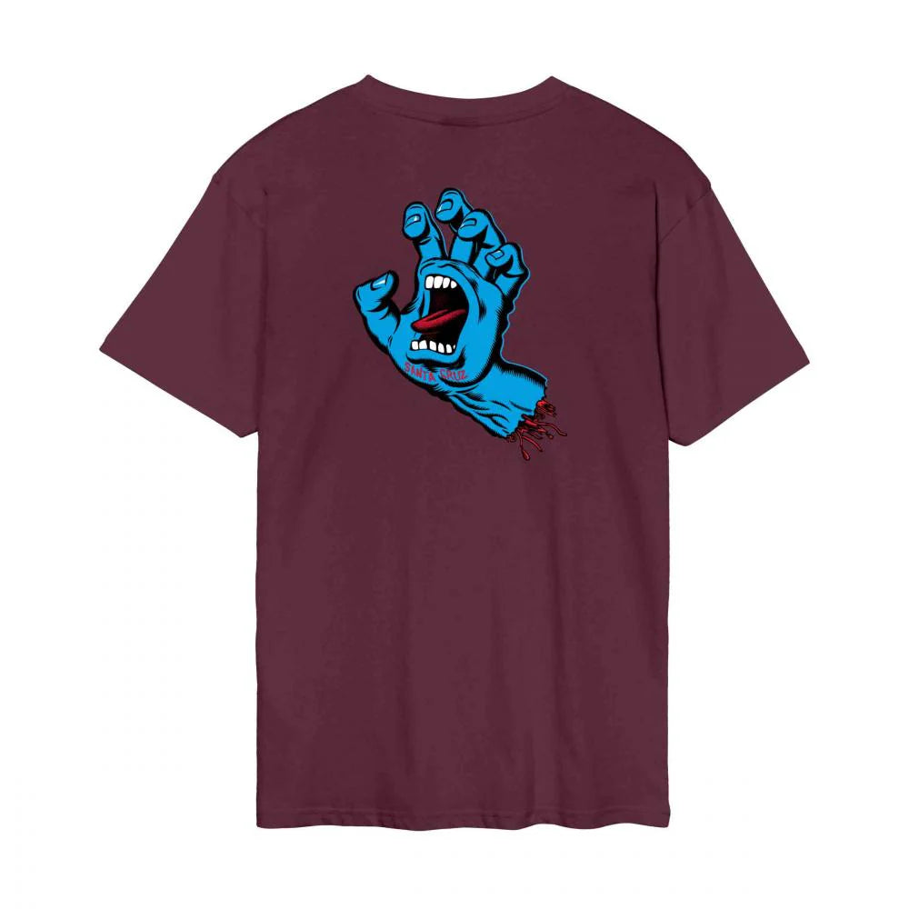 t-shirt bordeaux homme santa cruz skateboard avec main bleu dans le dos