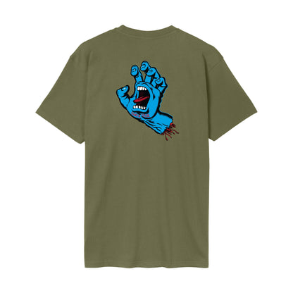Dos du t-shirt Santa Cruz, dominé par le grand graphisme Screaming Hand bleu contrastant sur le vert olive