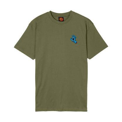 Face du tee-shirt Deep Olive, coupe droite à manches courtes avec petit logo bleu sur la poitrine côté cœur