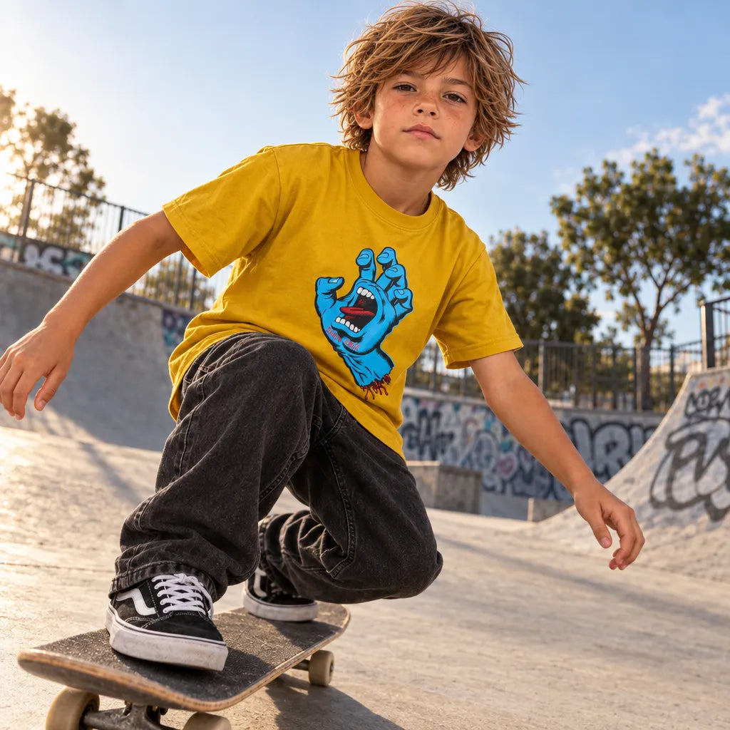 Jeune skateur en action dans un skatepark portant le t-shirt Santa Cruz Youth Screaming Hand Chest Mustard avec logo bleu sur la poitrine