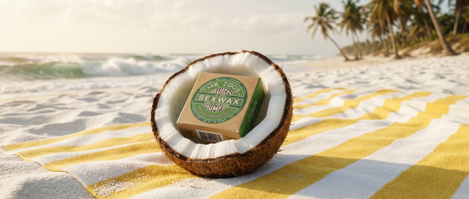 boite de sex wax mr zogs verte dans noix de coco sur la plage