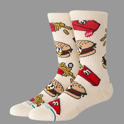 chaussettes stance beige avec hamburger et boite de frites unisexe vue de profil