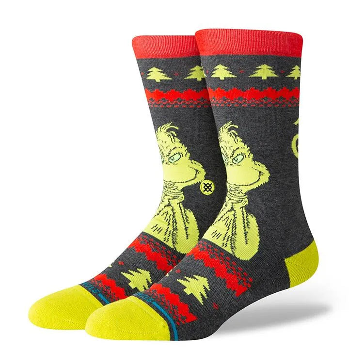 chaussettes stance grise avec Grinch vert et rouge unisexe vue de profil
