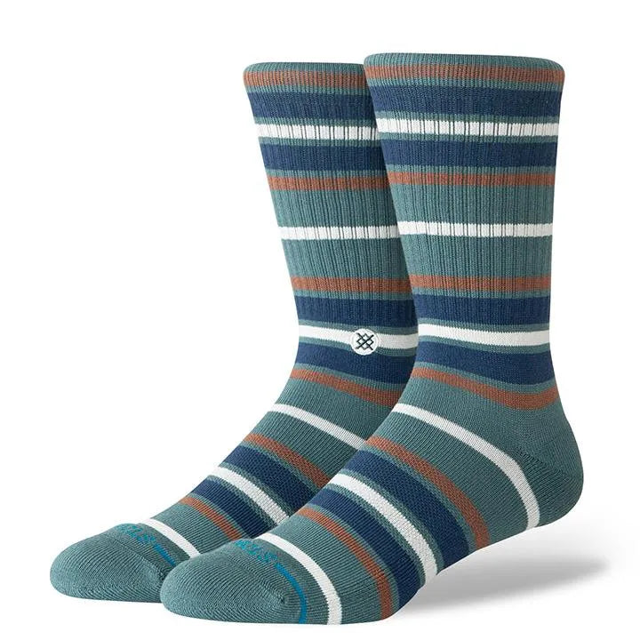 chaussettes stance vertes à fines rayures marine blanc marron unisexe vue de profil