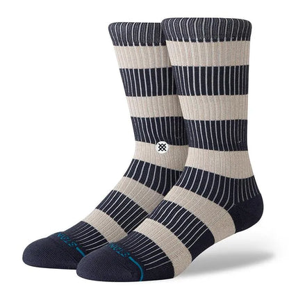 chaussettes stance à grosses rayures marine et beige unisexe vue de profil