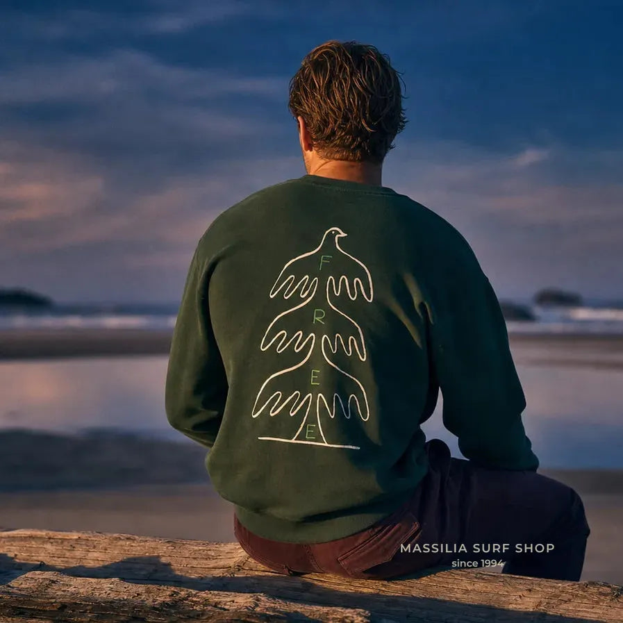 sweatshirt homme vert bask in the sun avec motif dos avec oiseaux blancs et inscription FREE