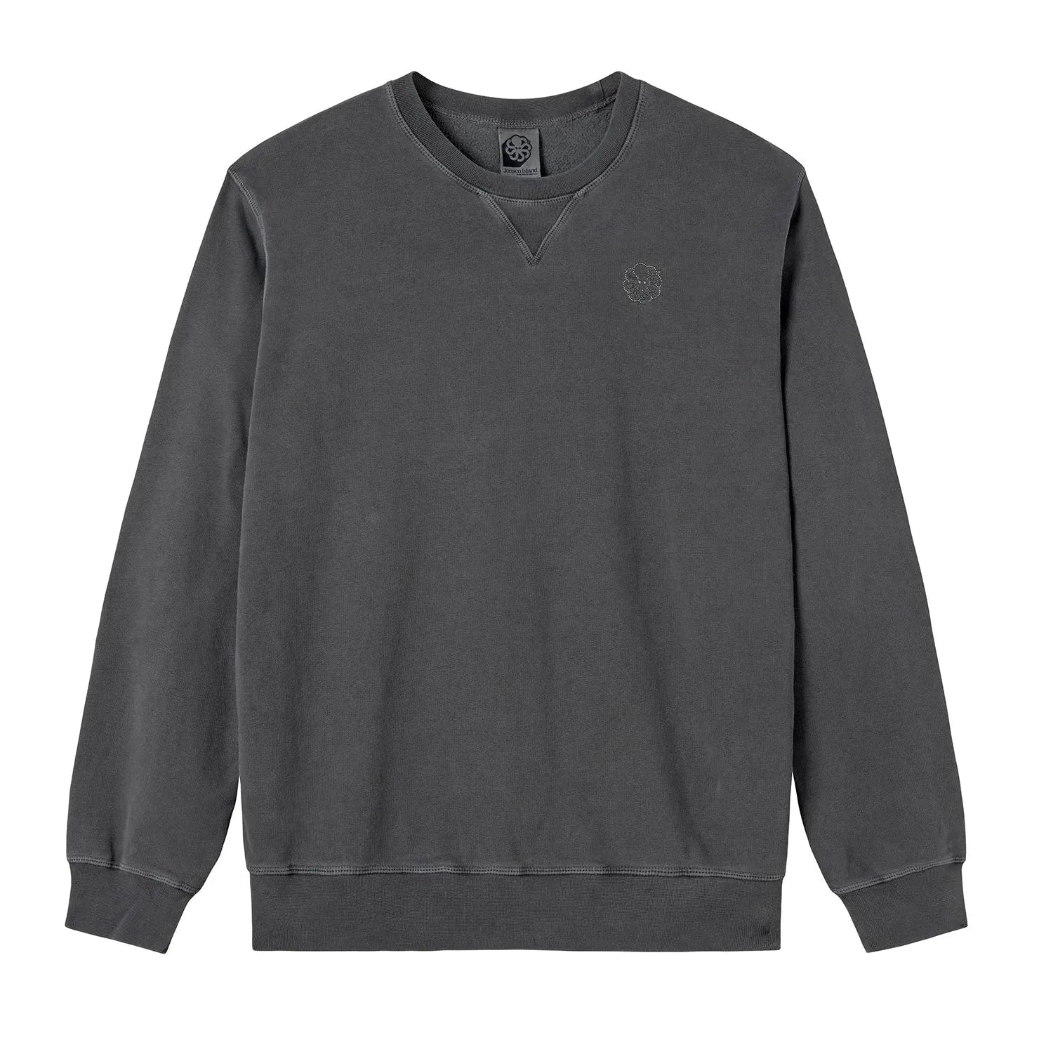 Sweat-shirt surfwear gris anthracite à col rond, finition vintage et discret emblème brodée pieuvre placé côté cœur