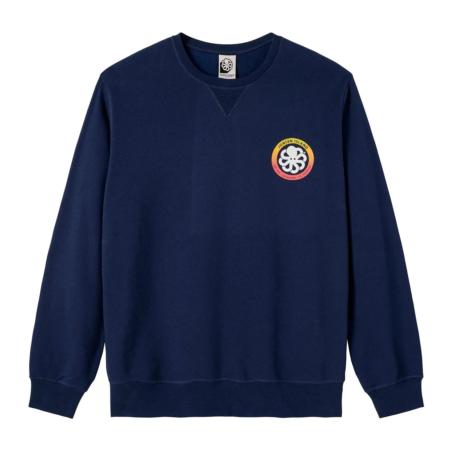Sweat surfwear Jonsen Island navy présenté seul, coupe droite à col rond et petit emblème poulpe contrasté sur la poitrine